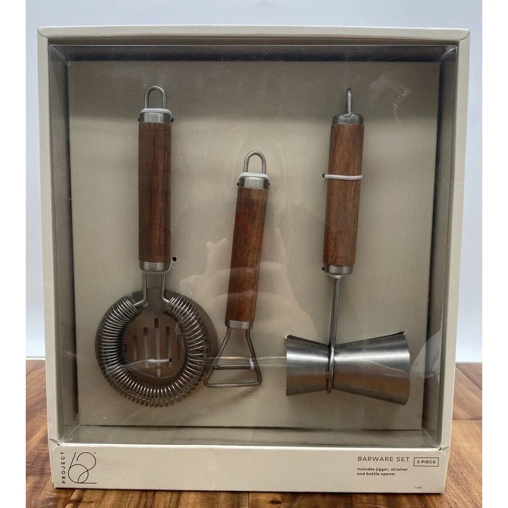 Project 62 Barware Set Stainless Steel Wood Handles Jigger Strainer 3 Piece New